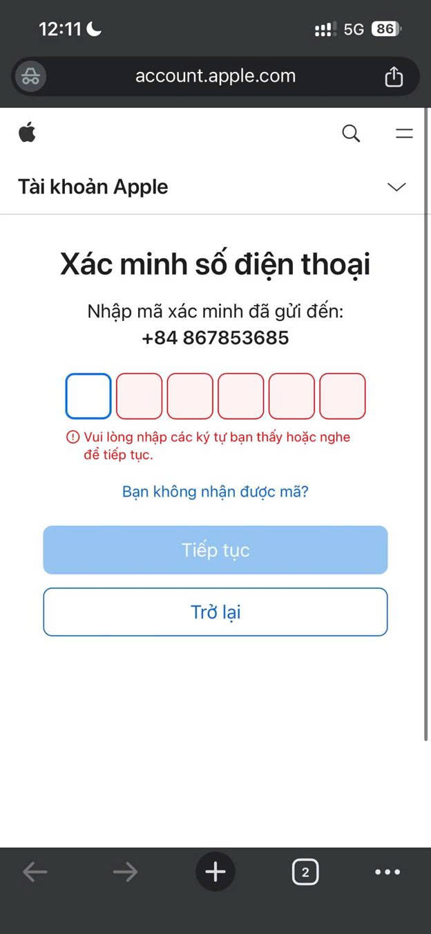 Xác minh OTP qua số điện thoại